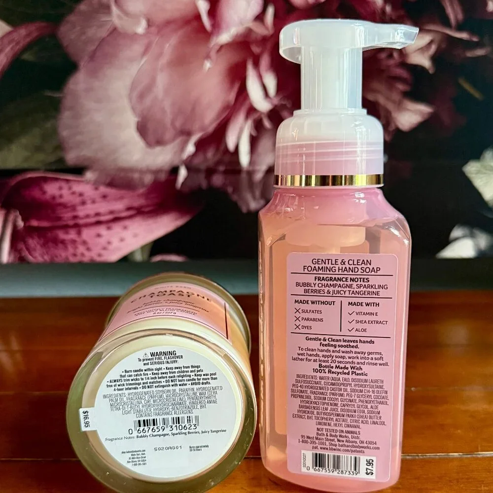 NEW 2-Pc CHAMPAGNE TOAST BBW Single Wick Candle & Foaming Hand Soap